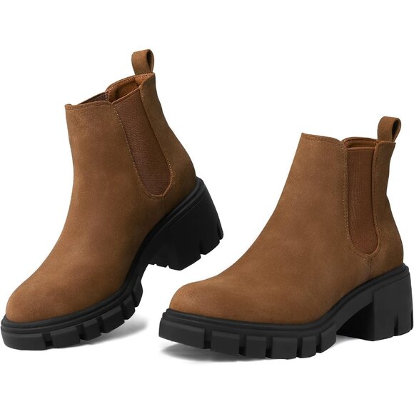 mysoft Women's Platform Chelsea Boots Lug Sole Slip On Chunky Block Heel - Picture 4 of 7